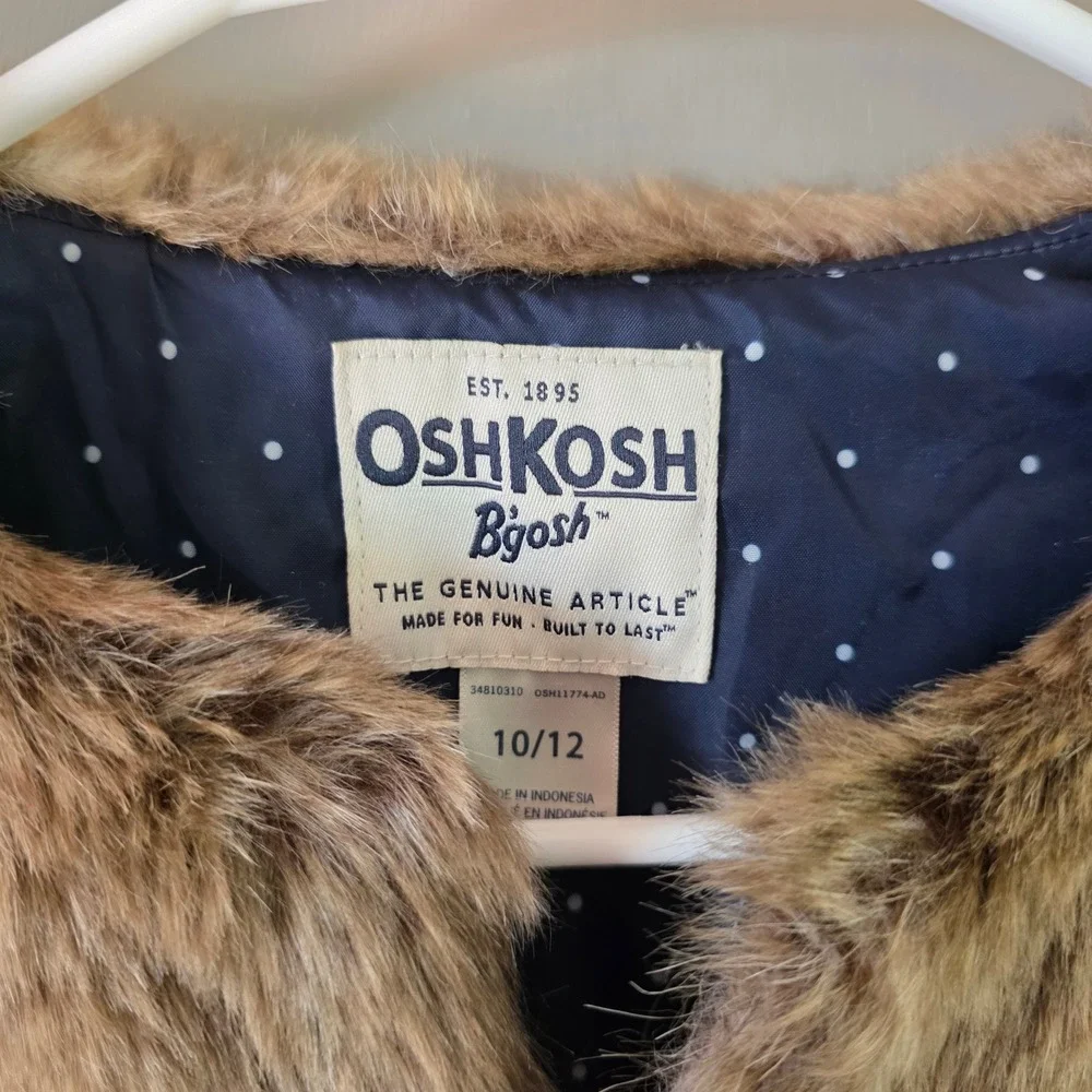 OshKosh Girls Faux Fur Vest Size 10/12 Brown Polka Dot Gold Belt Old Money